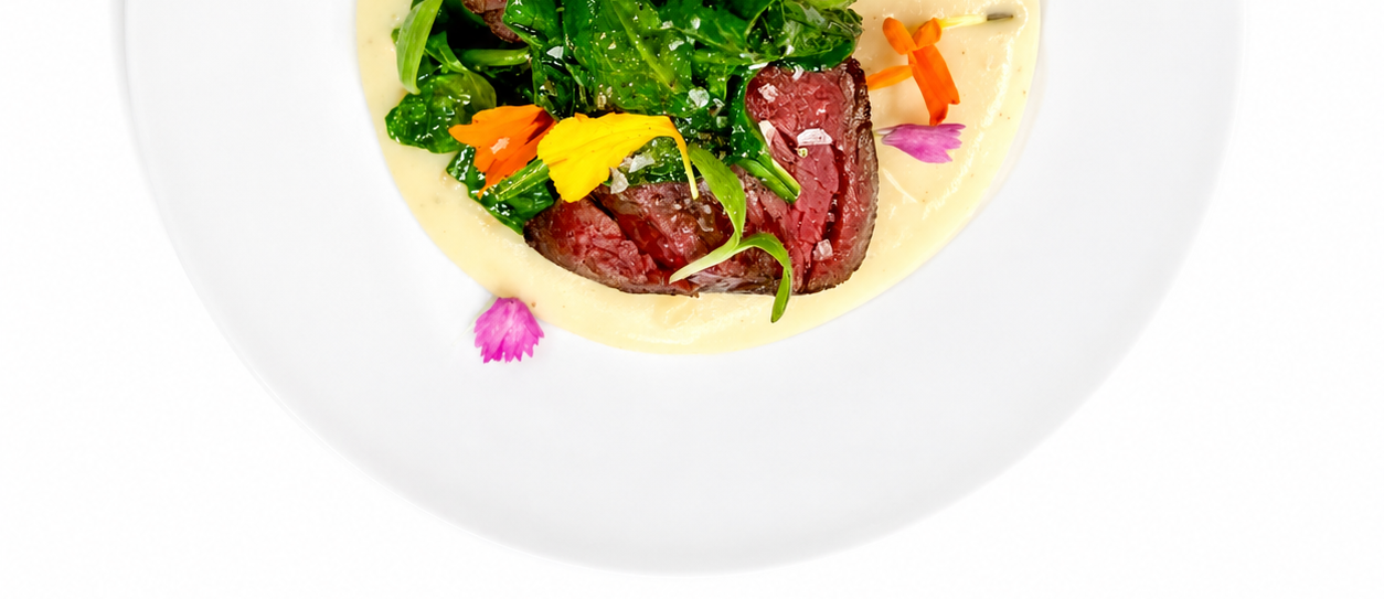 Beef fillet with greens and edible flowers – private chef in Tuscany, Chef Antonio Di Padova