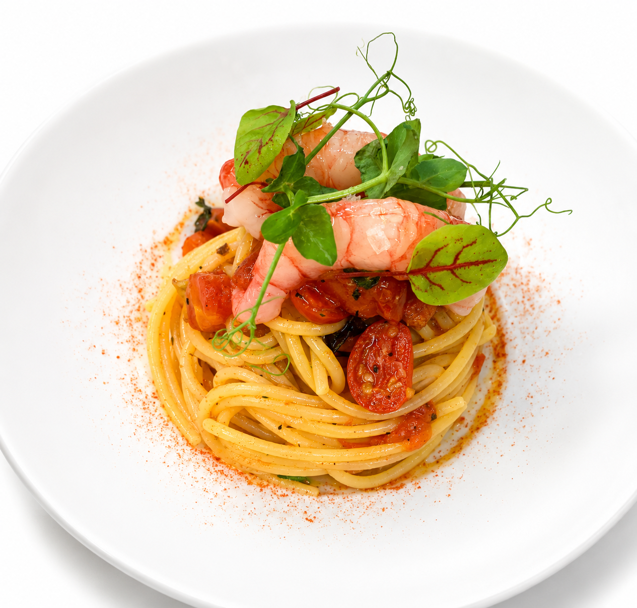 Spaghetti with sun-dried tomatoes and red prawns – private chef Tuscany, Antonio Di Padova