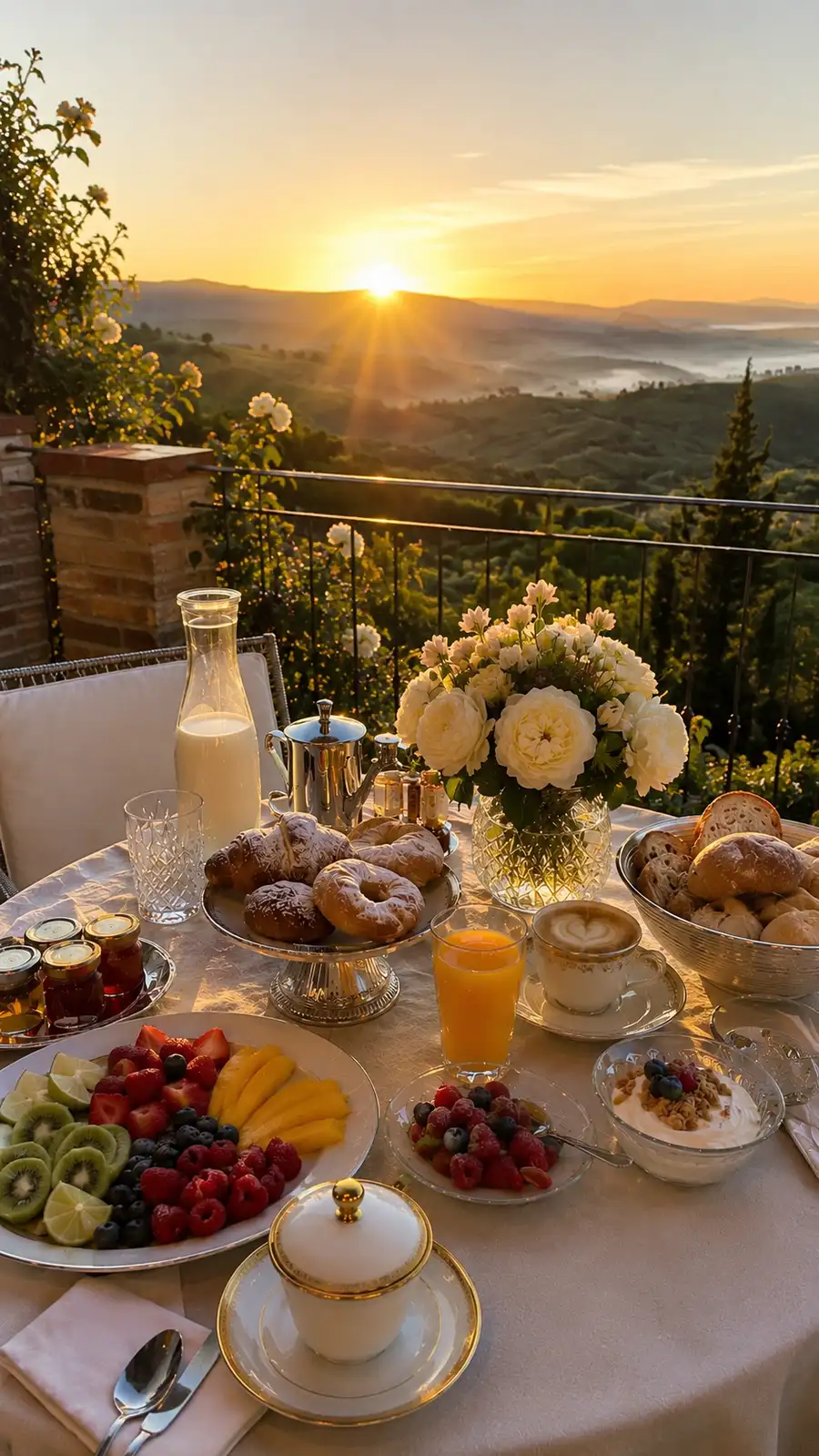 Luxury villa breakfast in the Chianti hills, Tuscany, at sunrise
